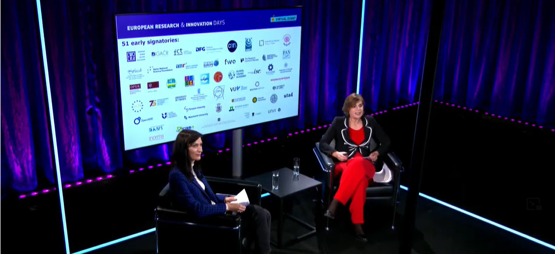 Capture_R&I days picture of Mariya Gabriel (Commissioner for Innovation, Research, Culture, Education and Youth) and Anna Panagopoulou (Director of European Research Area & Innovation in the European Commission) in front of the logos of the 51 early signatories
